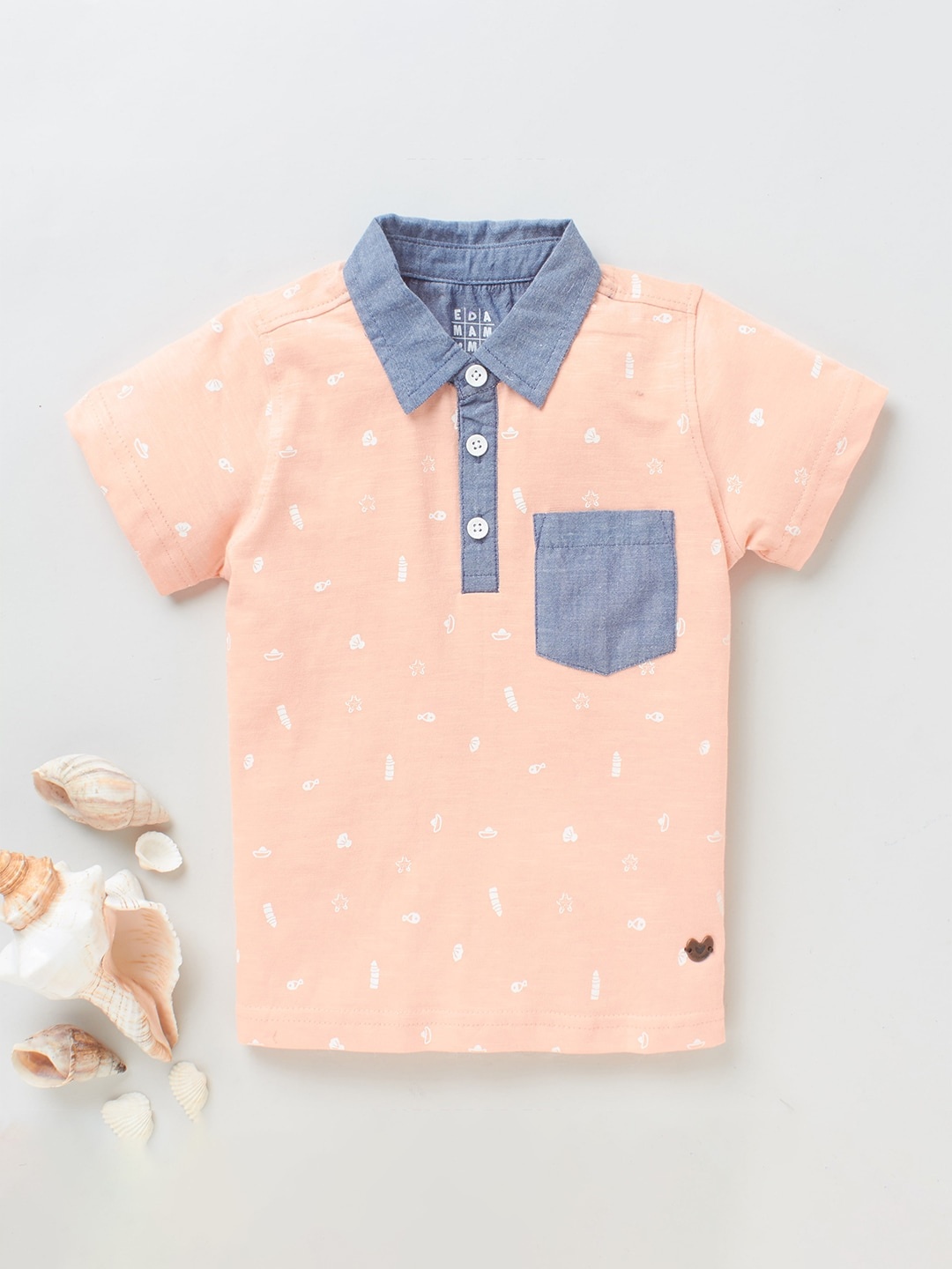 

Ed-a-Mamma Boys Peach Pure Cotton Graphic Printed Polo Collar Sustainable Pure Cotton T-shirt