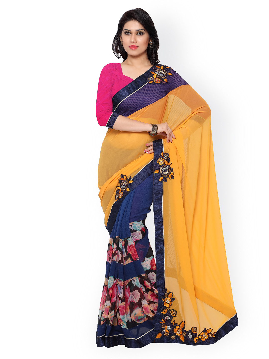

Kalista Orange & Navy Georgette Embellished Saree