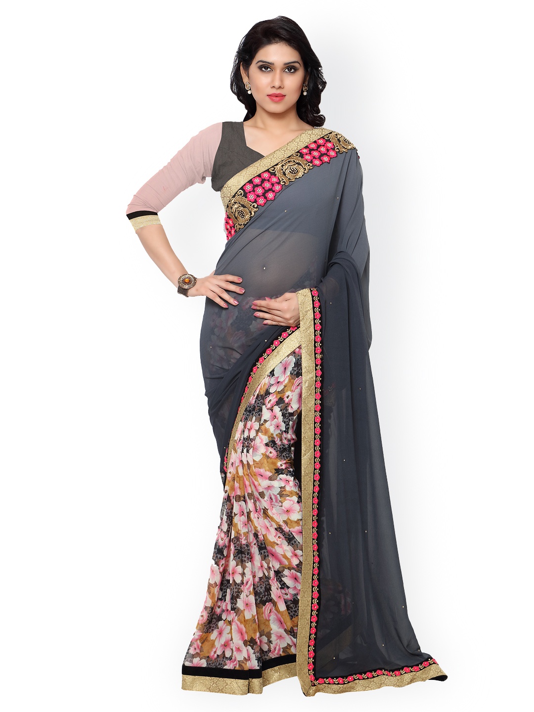 

Kalista Grey Printed Georgette Embellished Saree