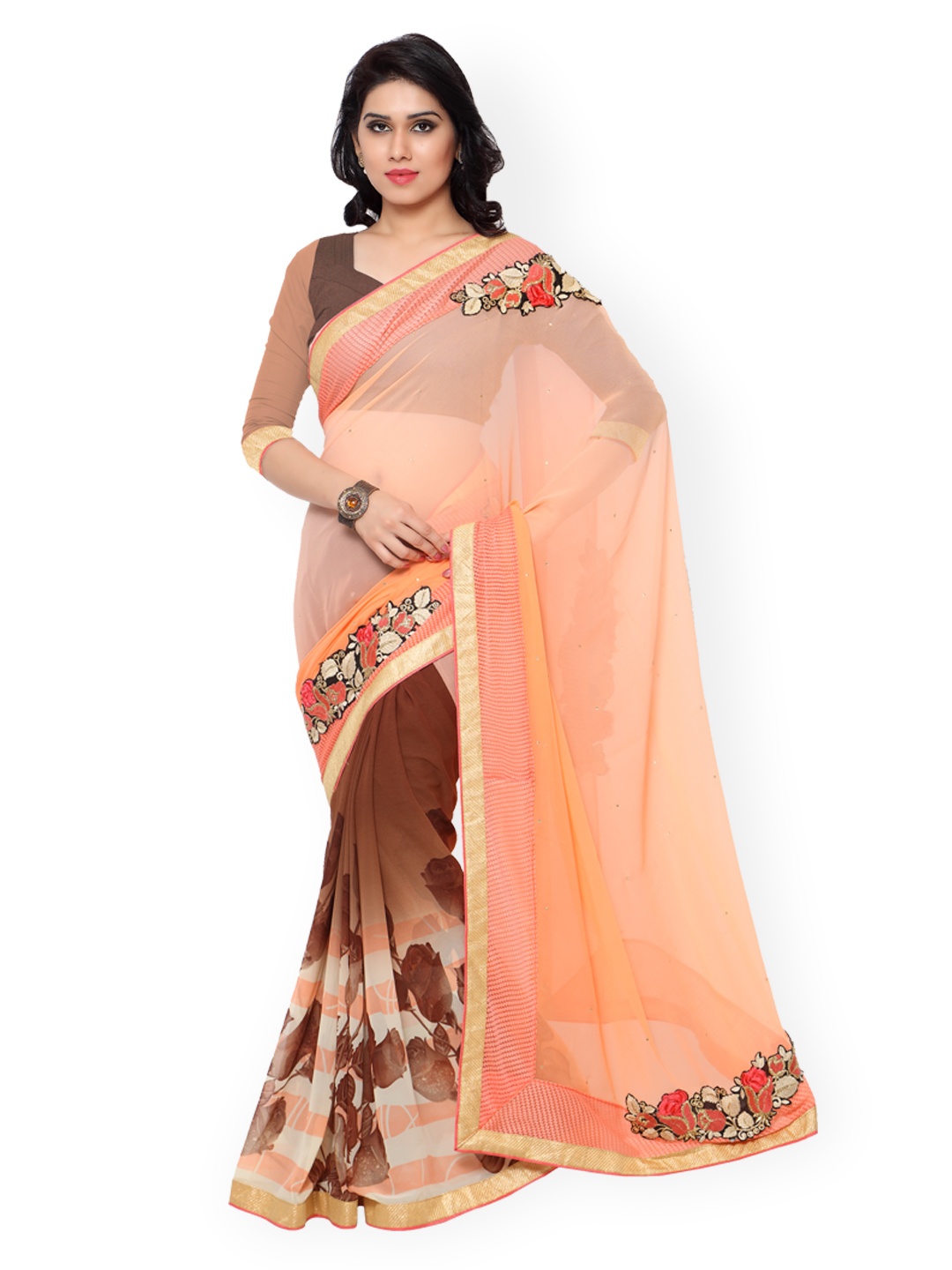 

Kalista Peach-Coloured & Brown Floral Print Embellished Saree