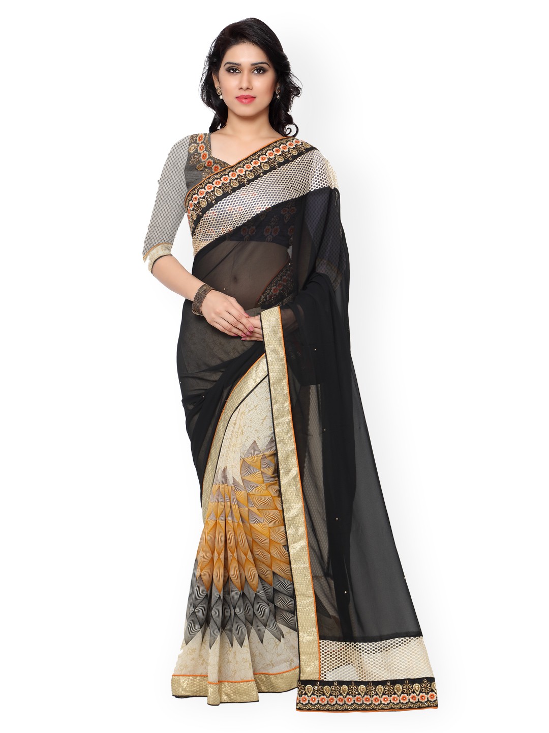 

Kalista Black & Beige Printed Embellished Saree