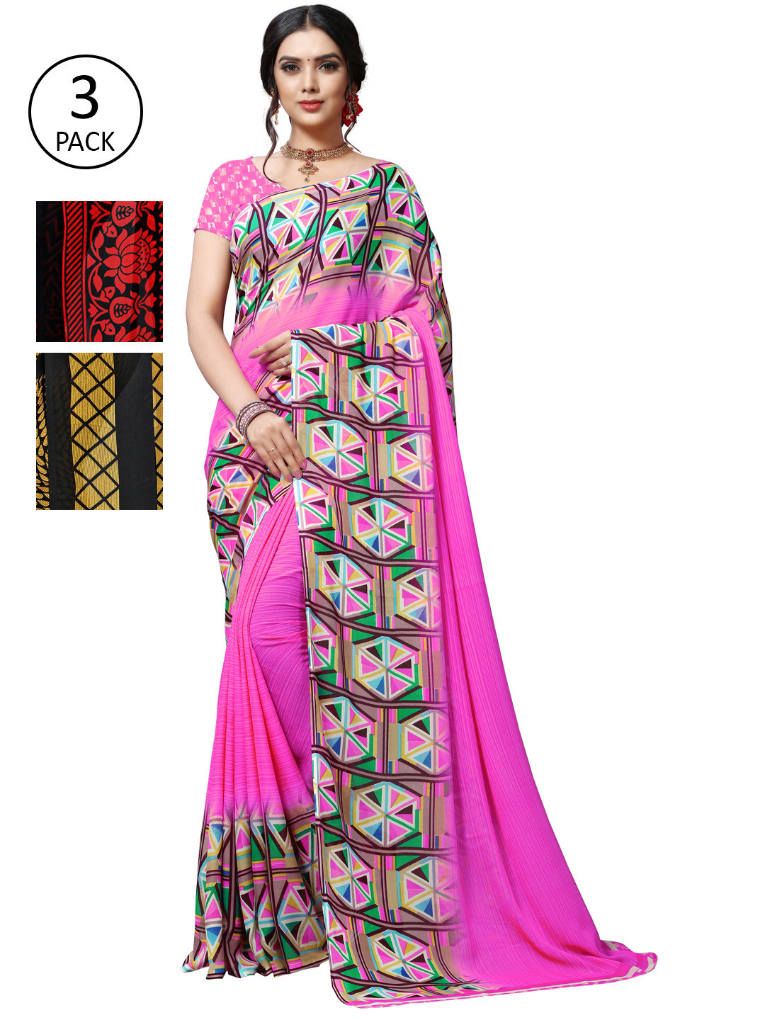

KALINI Pack Of 3 Poly Georgette Printed Sarees, Pink