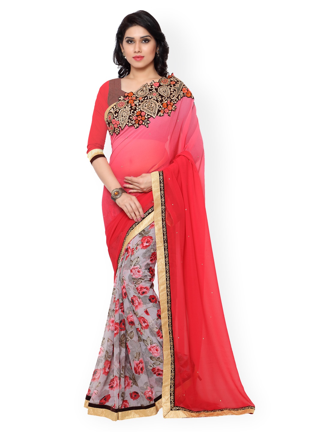 

Kalista Pink & Grey Floral Print Embellished Saree