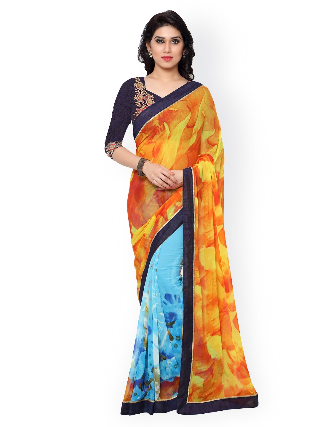 

Kalista Orange & Turquoise Blue Georgette Printed Saree