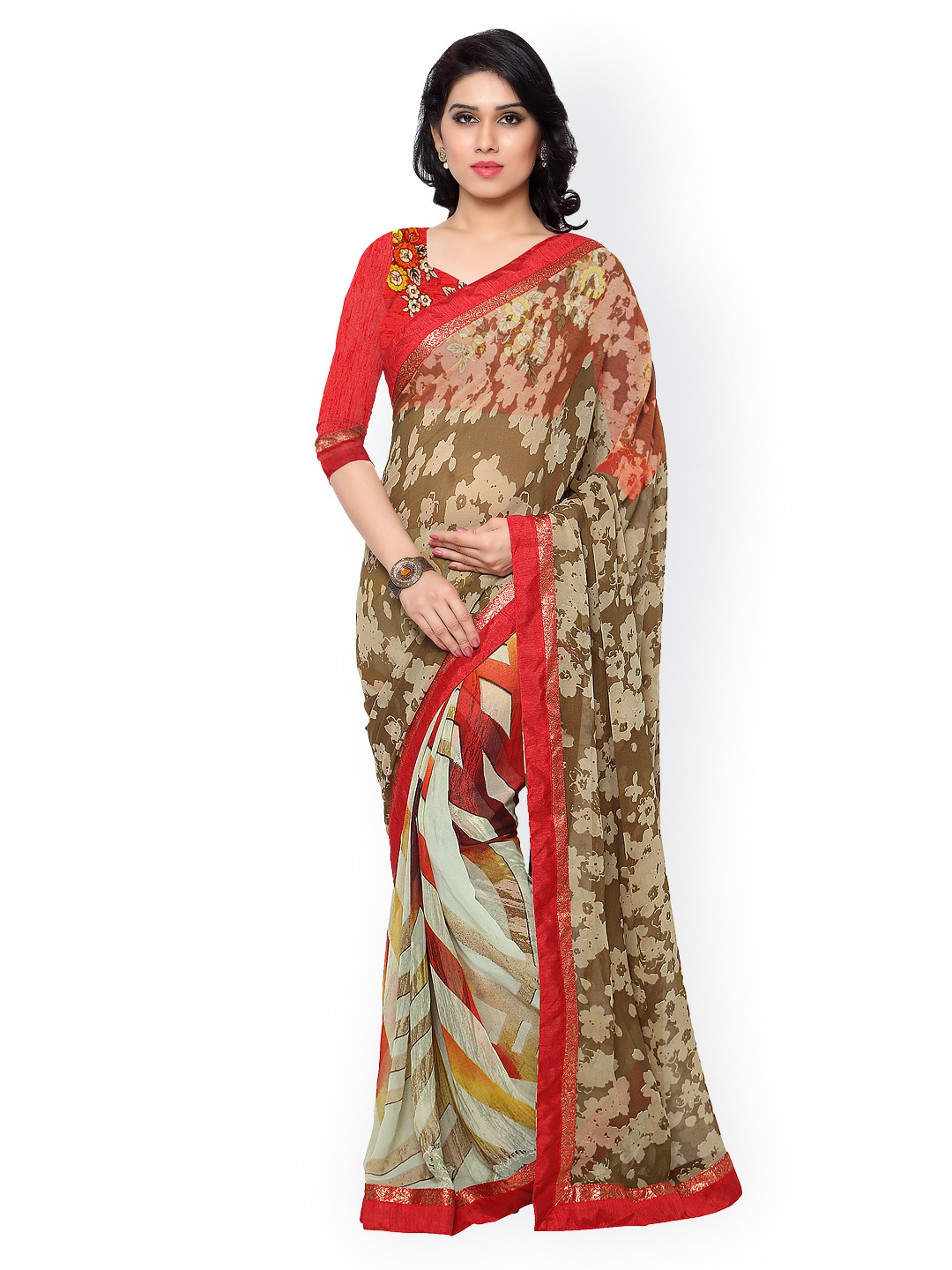 

Kalista Brown & Off-White Georgette Floral Print Saree