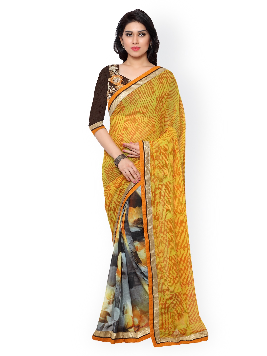 

Kalista Yellow & Orange Georgette Printed Saree