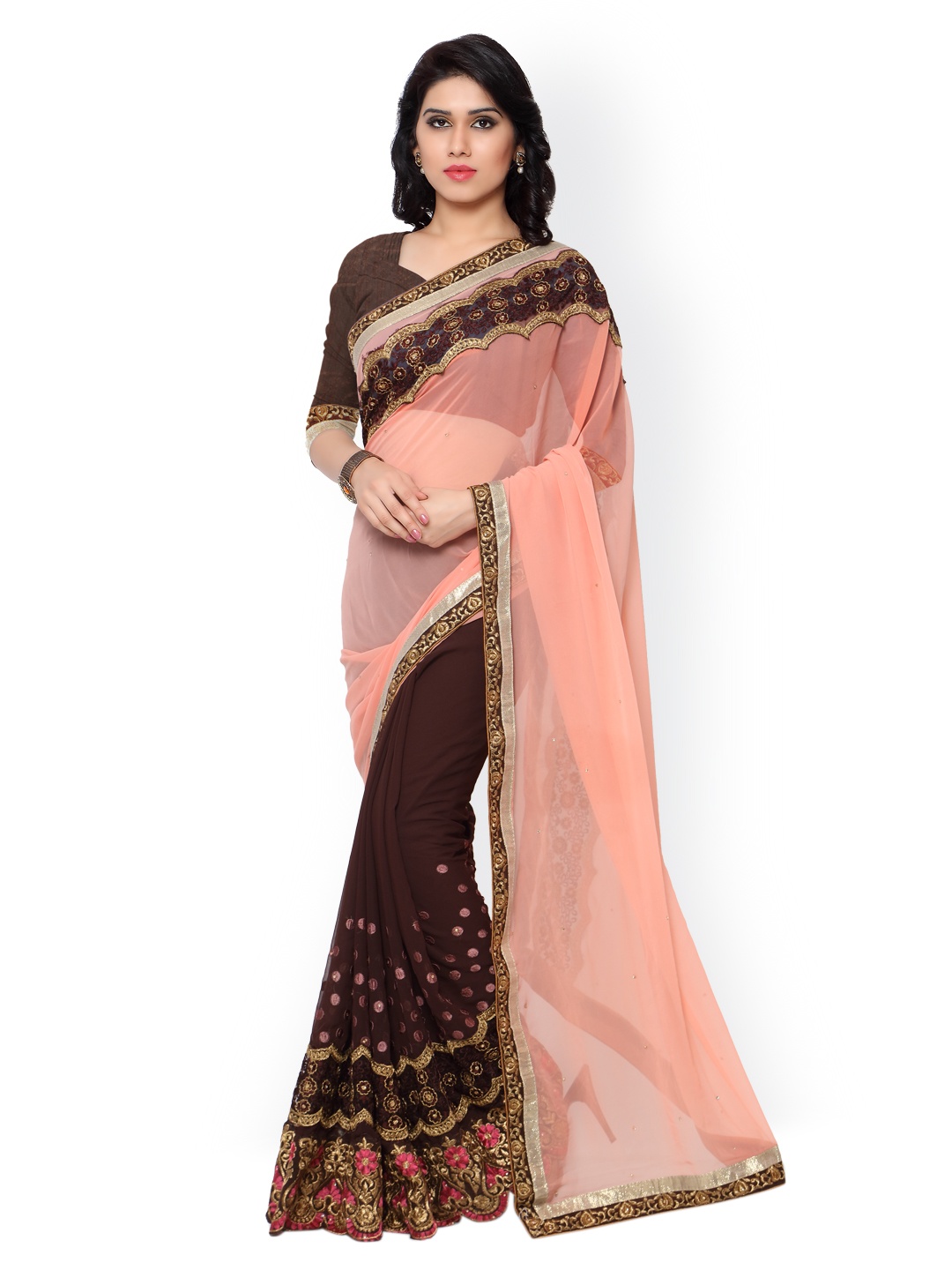 

Kalista Brown & Peach-Coloured Embroidered Georgette Embellished Saree
