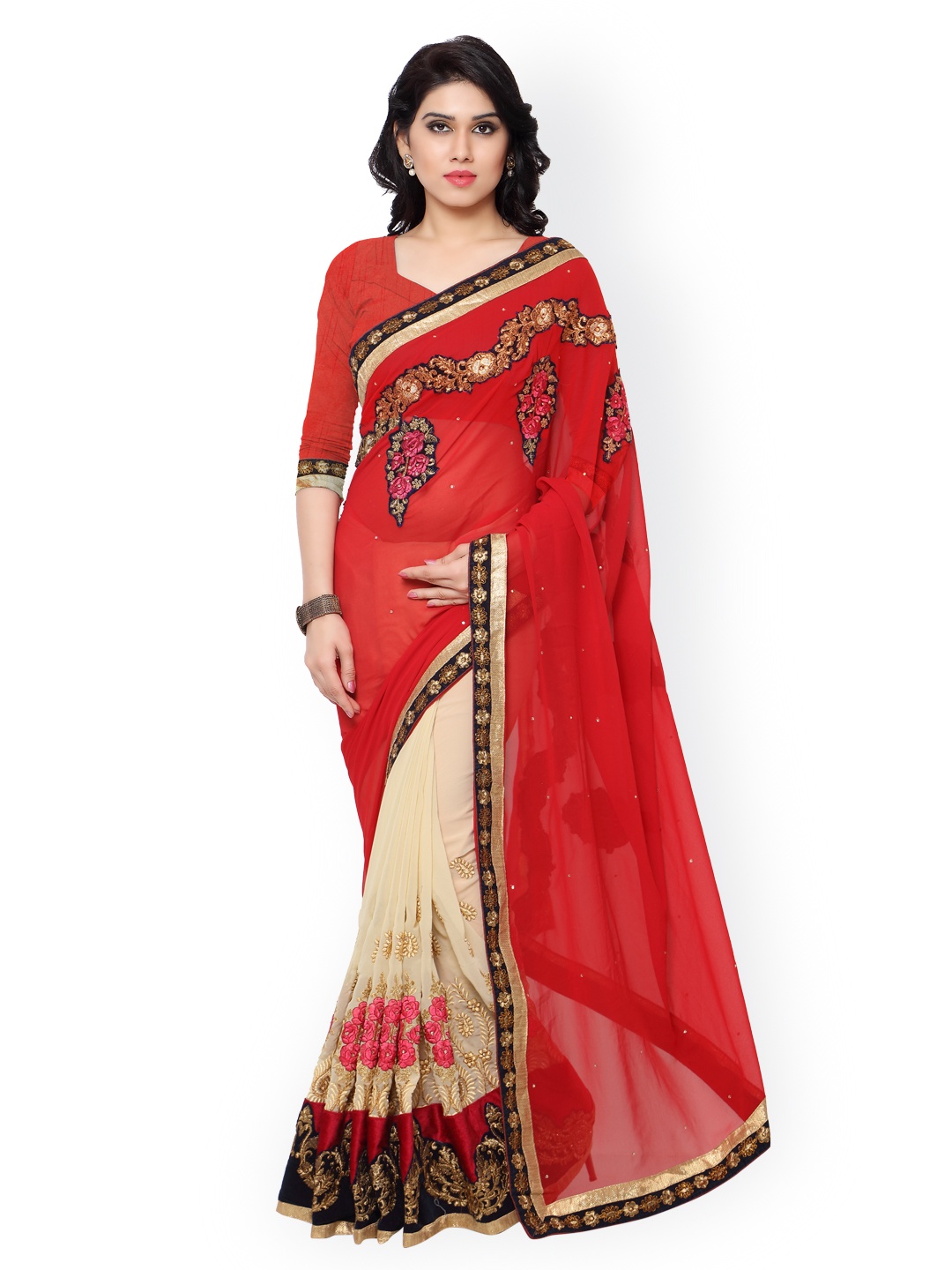 

Kalista Red & Beige Embroidered Georgette Embellished Saree