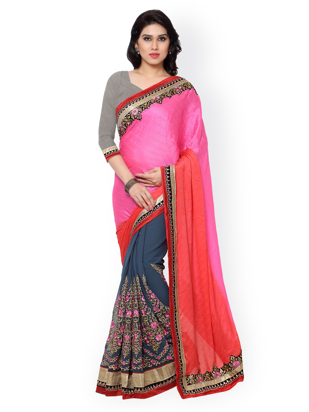 

Kalista Pink & Grey Embroidered Georgette Embellished Saree
