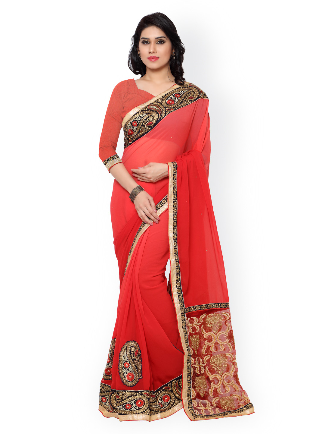 

Kalista Red Embroidered Georgette Embellished Saree