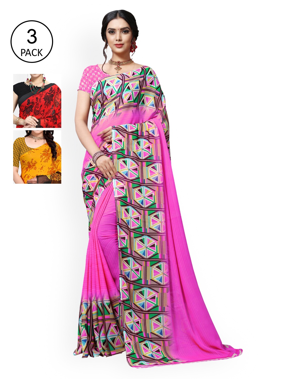 

KALINI Pack of 3 Poly Georgette Printed Sarees, Pink