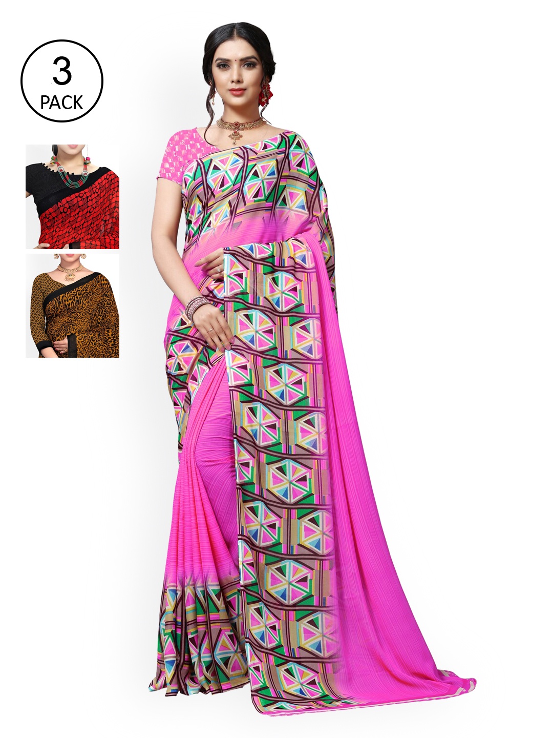 

KALINI Pack of 3 Poly Georgette Printed Sarees, Mustard
