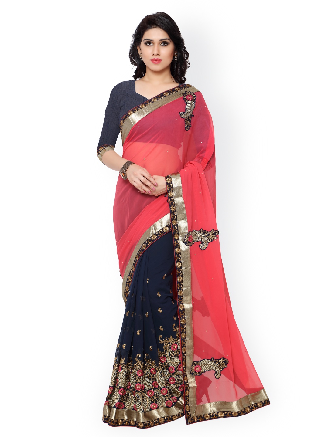 

Kalista Peach-Coloured & Navy Embroidered Georgette Embellished Saree
