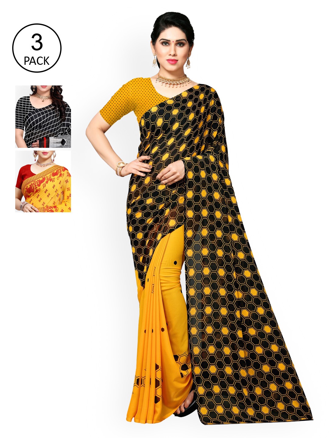 

KALINI Pack of 3 Poly Georgette Sarees, Mustard