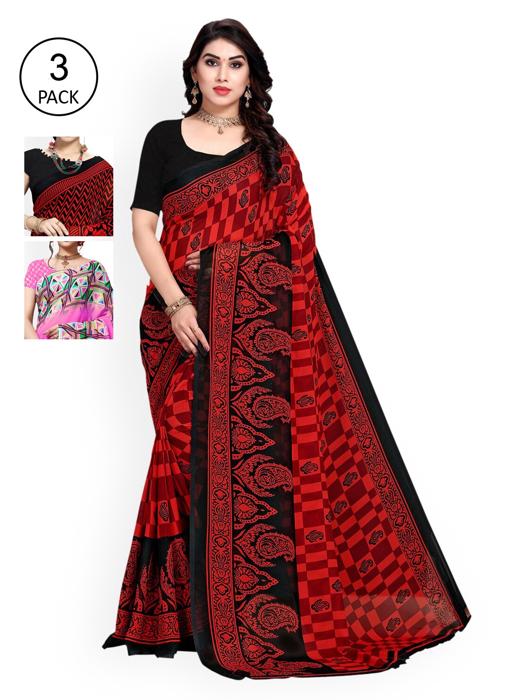 

KALINI Pack of 3 Poly Georgette Printed Sarees, Red