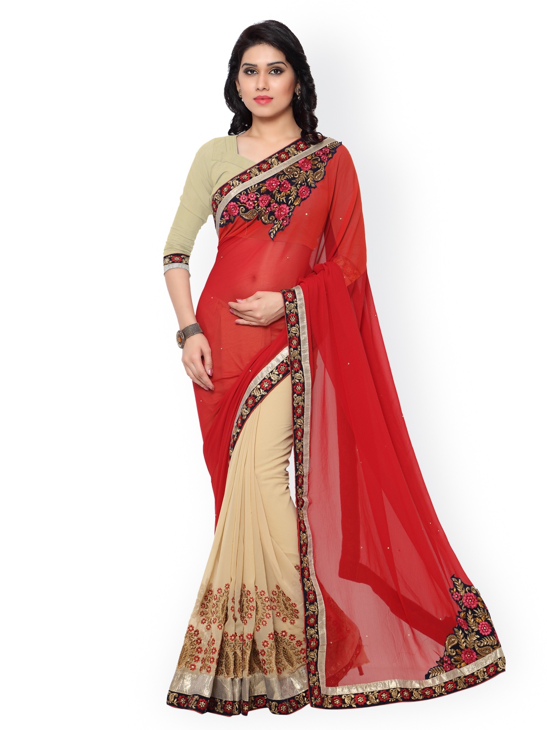 

Kalista Red & Beige Embroidered Georgette Embellished Saree