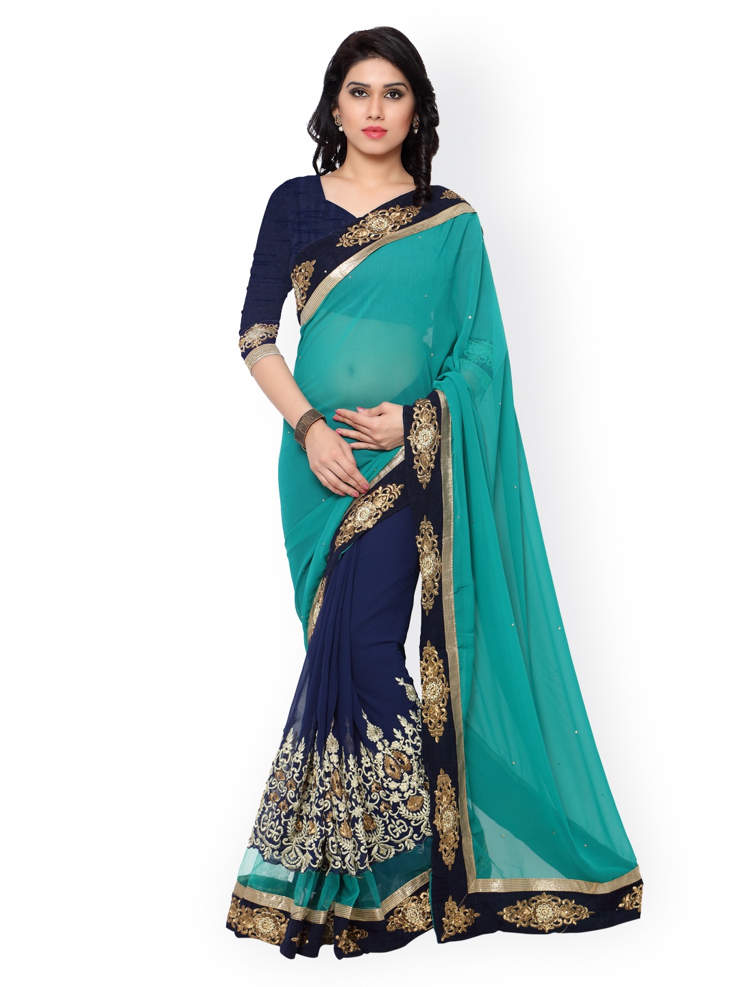

Kalista Sea Green & Navy Embroidered Georgette Embellished Saree