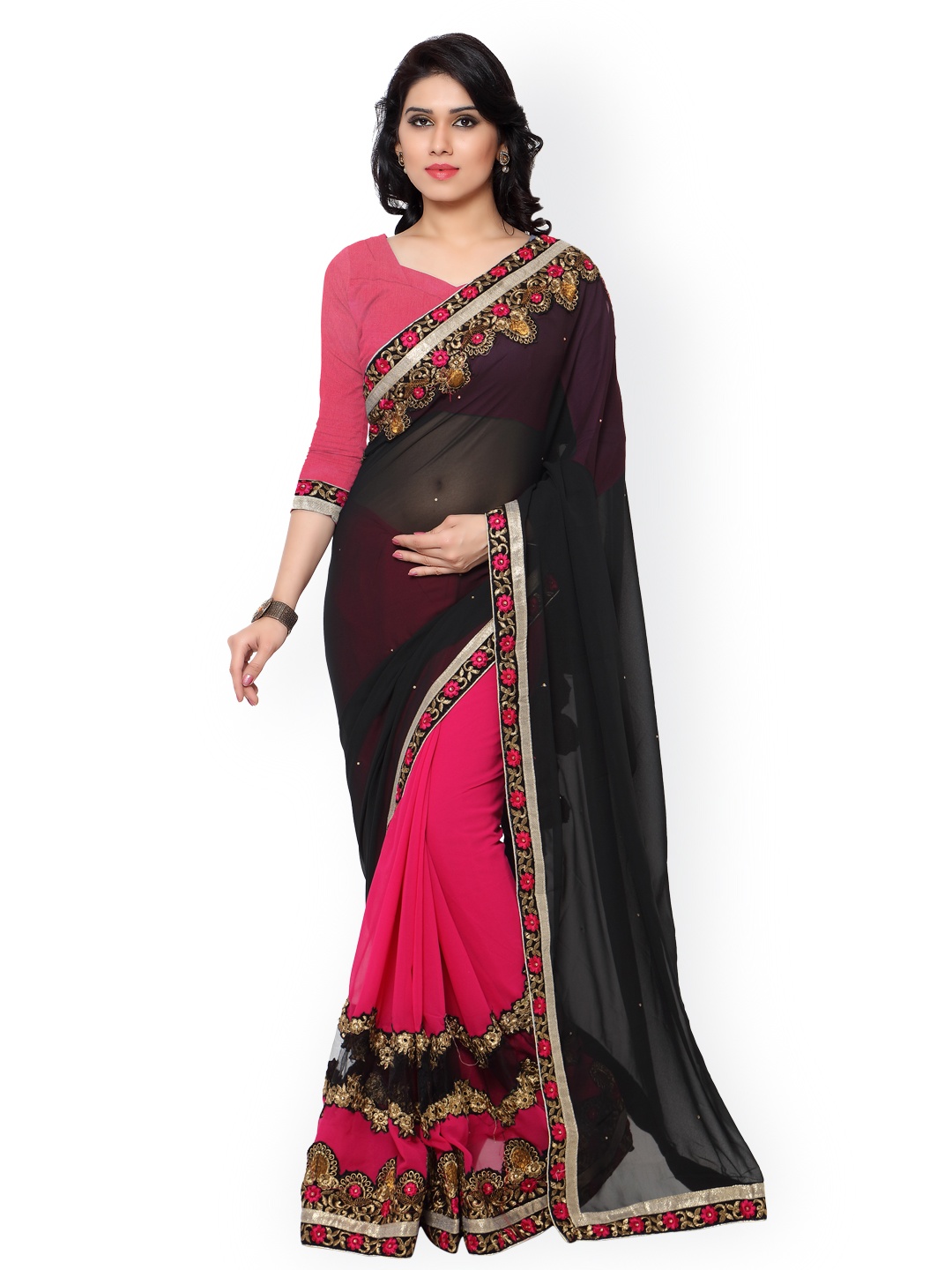 

Kalista Pink & Black Georgette Embellished Saree