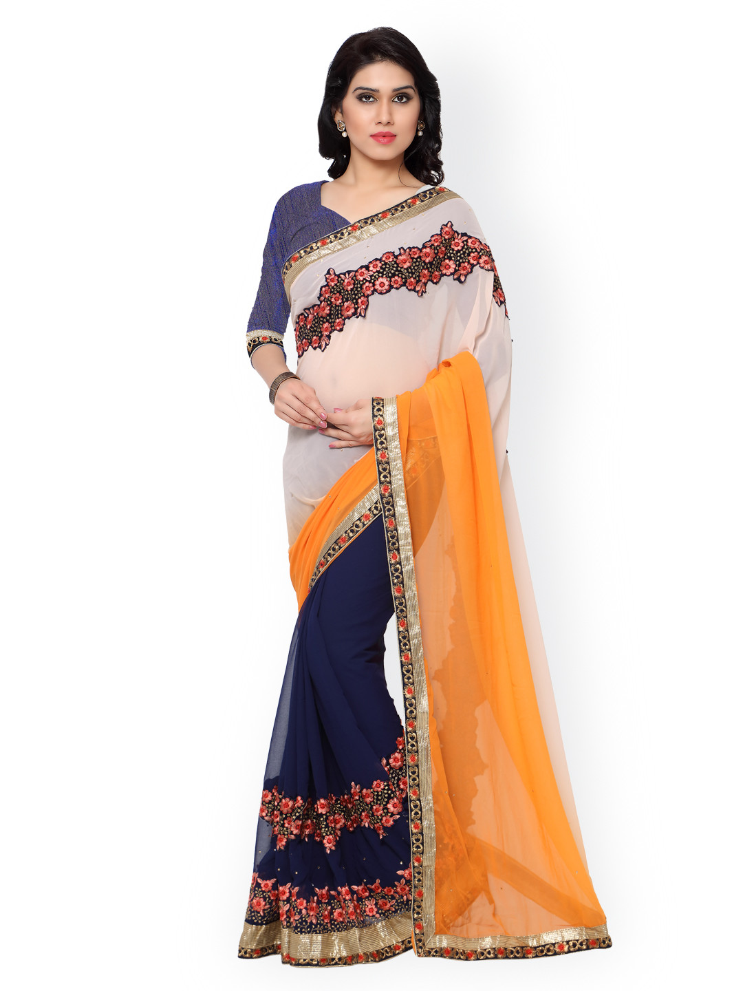 

Kalista White & Blue Georgette Embellished Saree