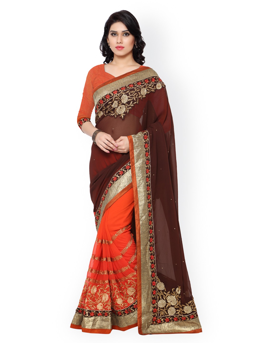 

Kalista Brown & Orange Embroidered Georgette Embellished Saree