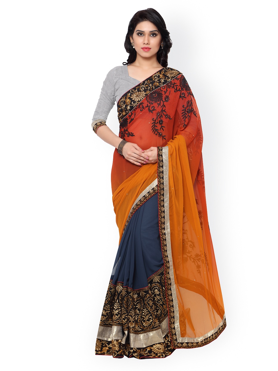 

Kalista Orange & Charcoal Grey Embroidered Georgette Embellished Saree