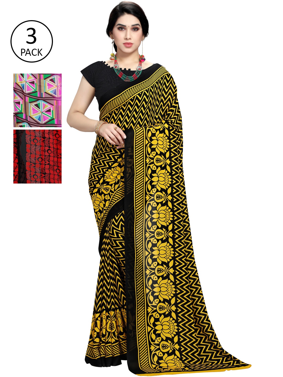 

KALINI Pack of 3 Poly Georgette Printed Sarees, Red
