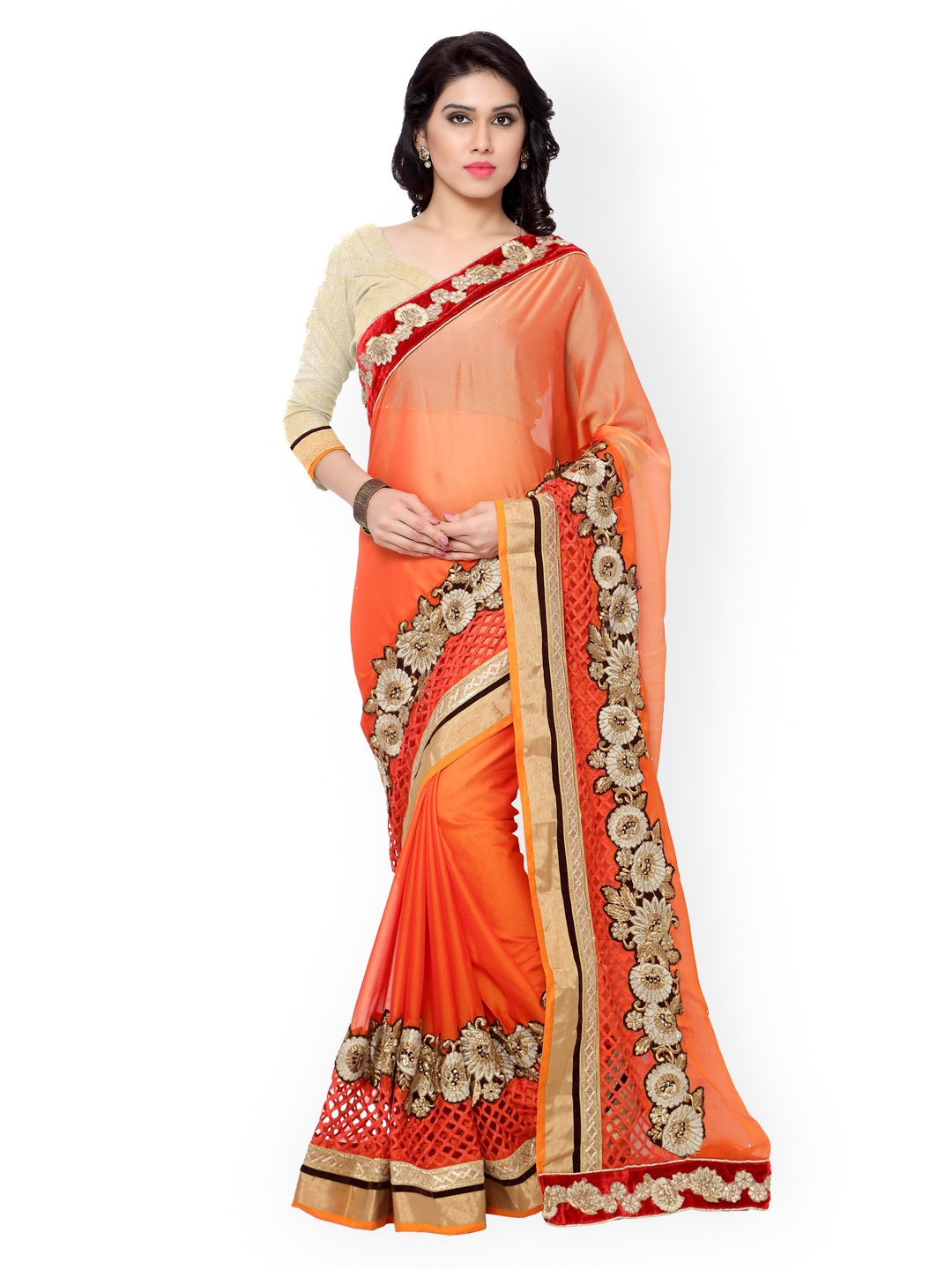 

Kalista Orange Embroidered Chiffon Embellished Saree