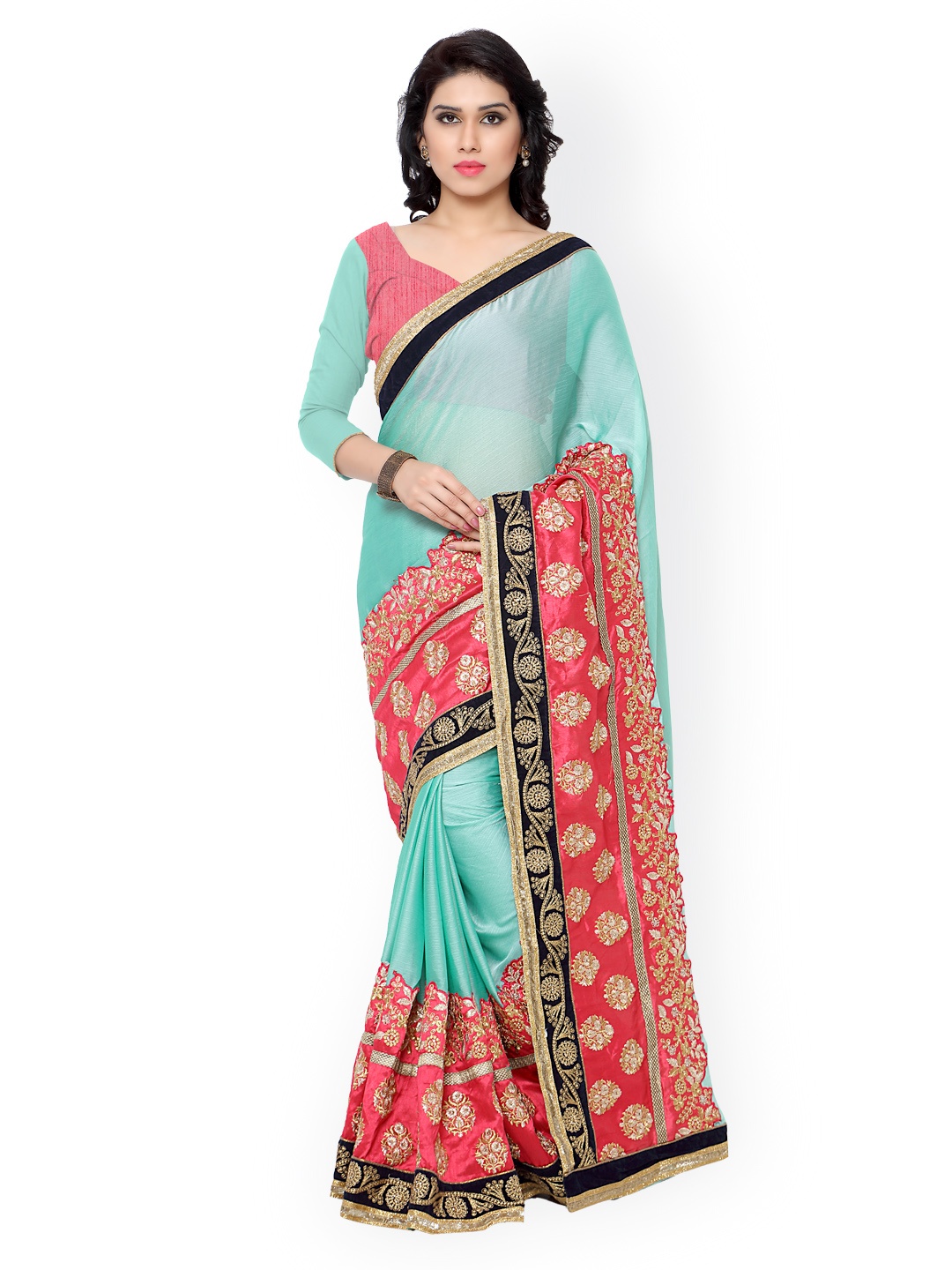 

Kalista Sea Green & Red Embroidered Chiffon Embellished Saree