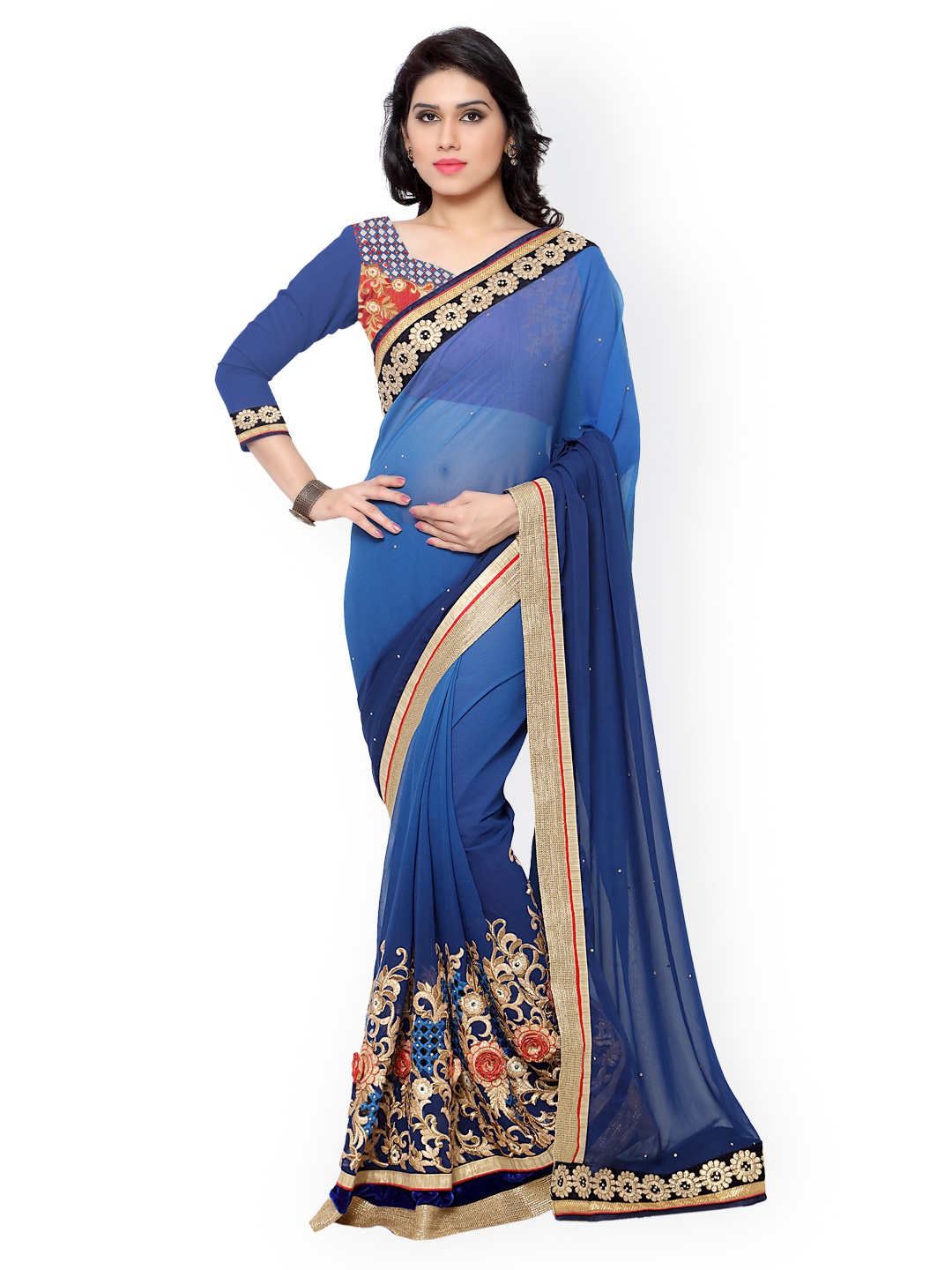 

Kalista Blue Embroidered Ombre-Dyed Georgette Embellished Saree