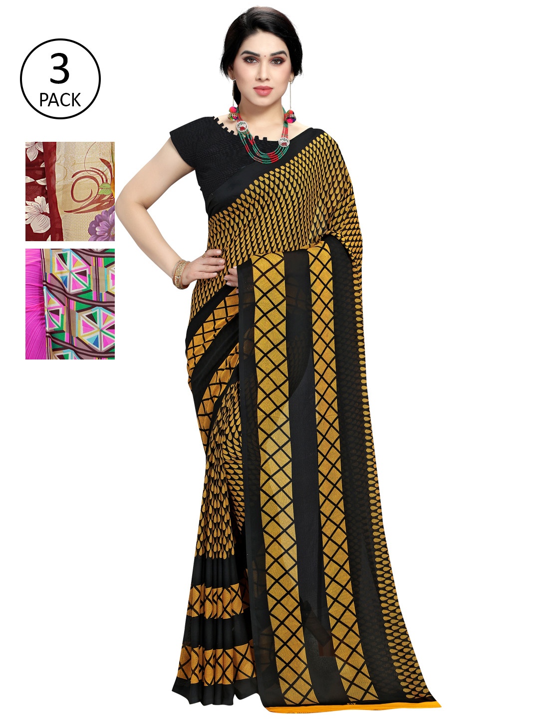 

KALINI Pack of 3 Poly Georgette Printed Sarees, Pink