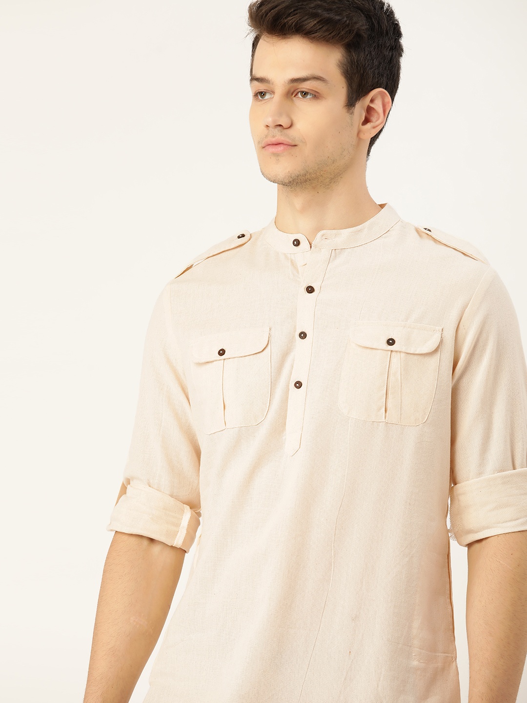 

House of Pataudi Men Off White Solid Pure Cotton Pathani Kurta