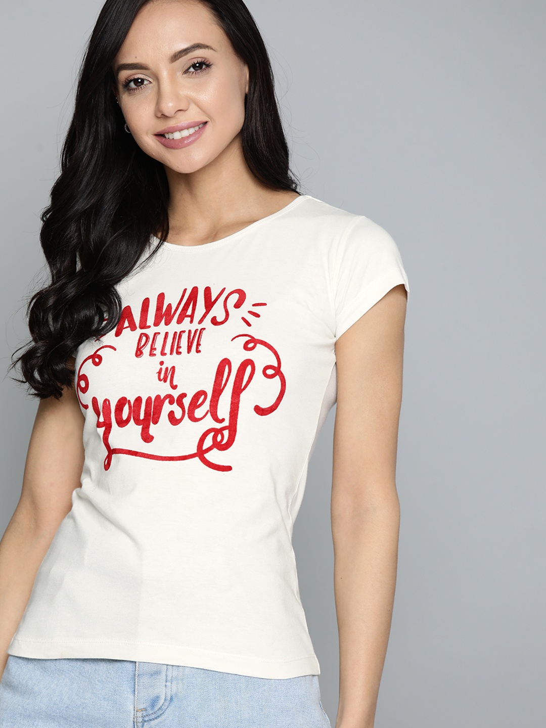 

Mast & Harbour Women White & Red Pure Cotton Typography Printed T-shirt