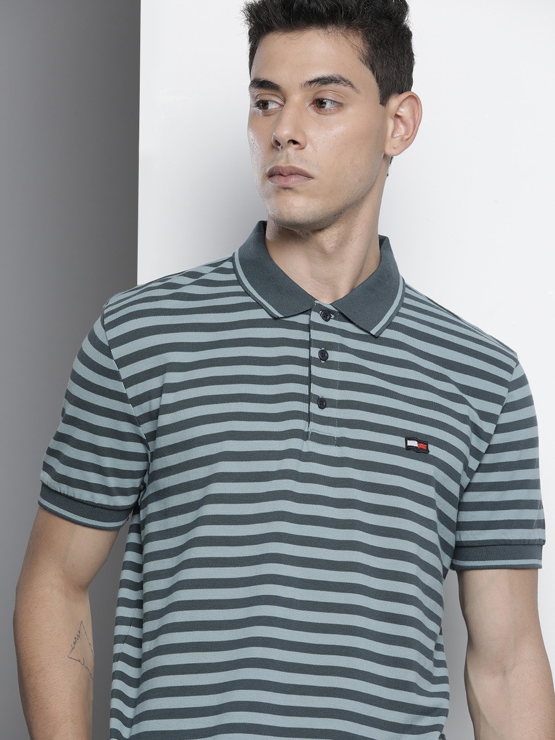

Tommy Hilfiger Men Blue Striped Polo Collar Pure Cotton T-shirt