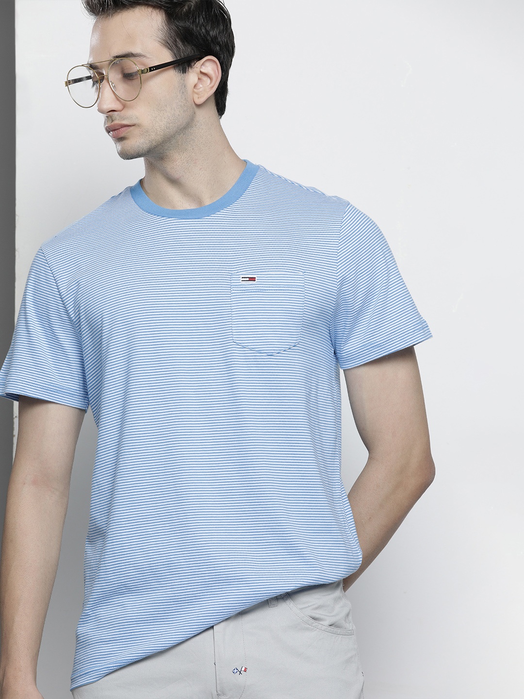 

Tommy Hilfiger Men Blue White Striped Pure Cotton T-shirt With Chest Pocket