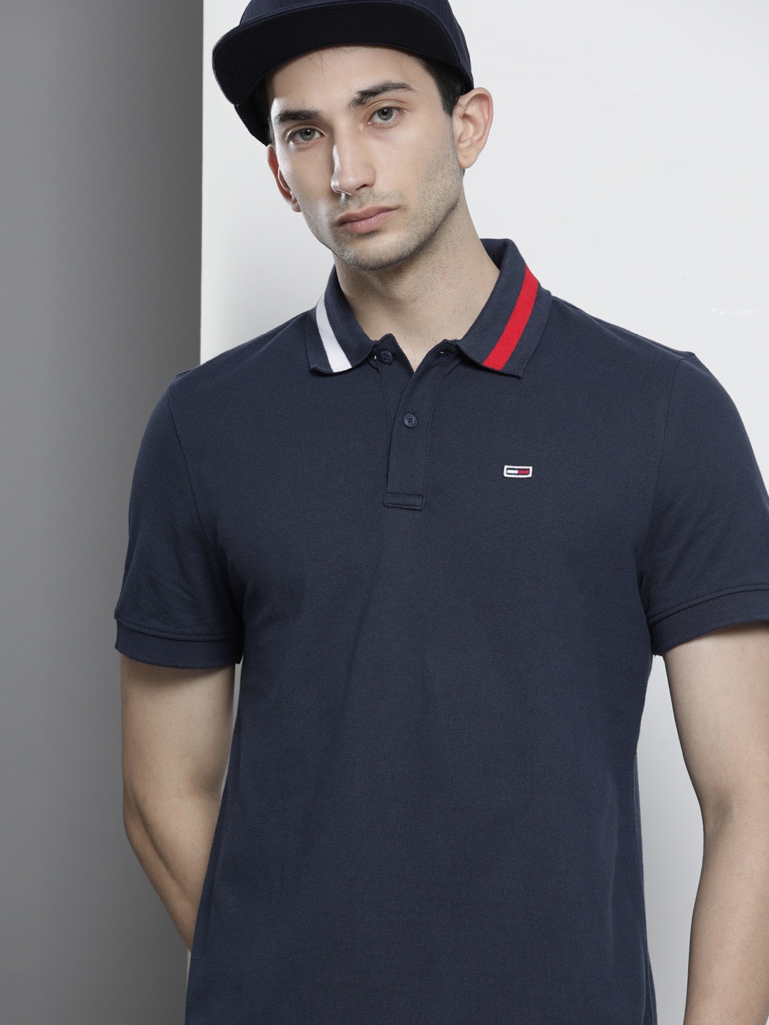 

Tommy Hilfiger Men Navy Blue Red Solid Polo Collar Organic Cotton T-shirt