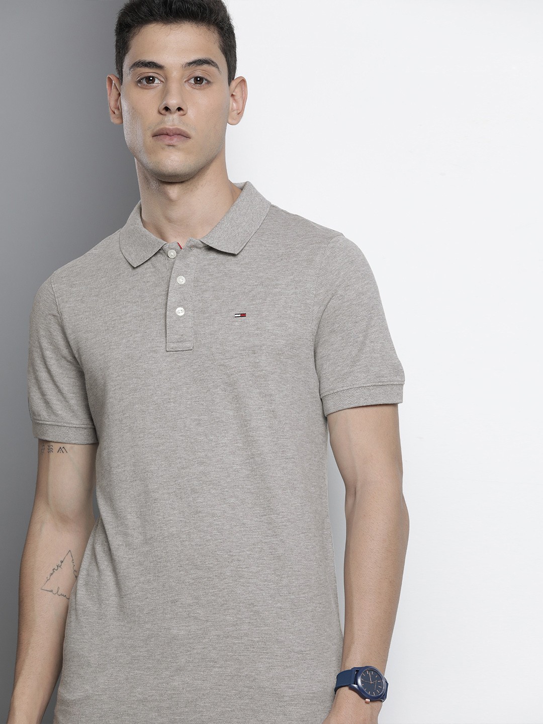 

Tommy Hilfiger Men Grey Polo Collar Pure Cotton T-shirt
