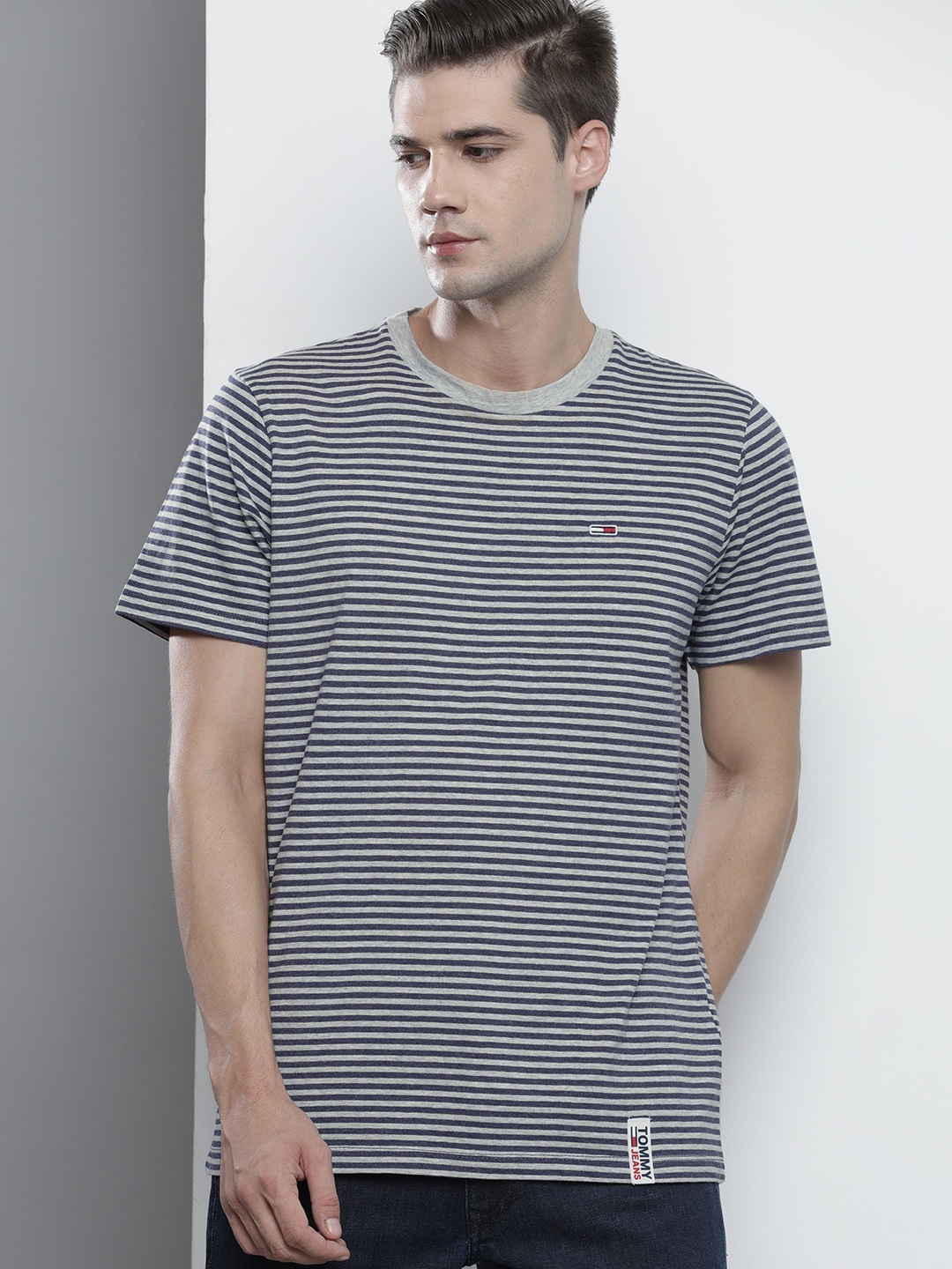 

Tommy Hilfiger Men Navy Blue & Grey Striped T-shirt