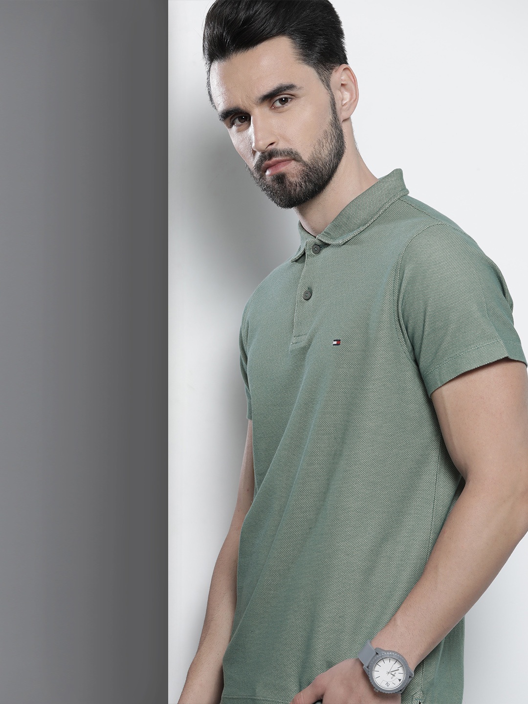 

Tommy Hilfiger Men Light Teal Green Polo Collar Pure Cotton Slim Fit T-shirt