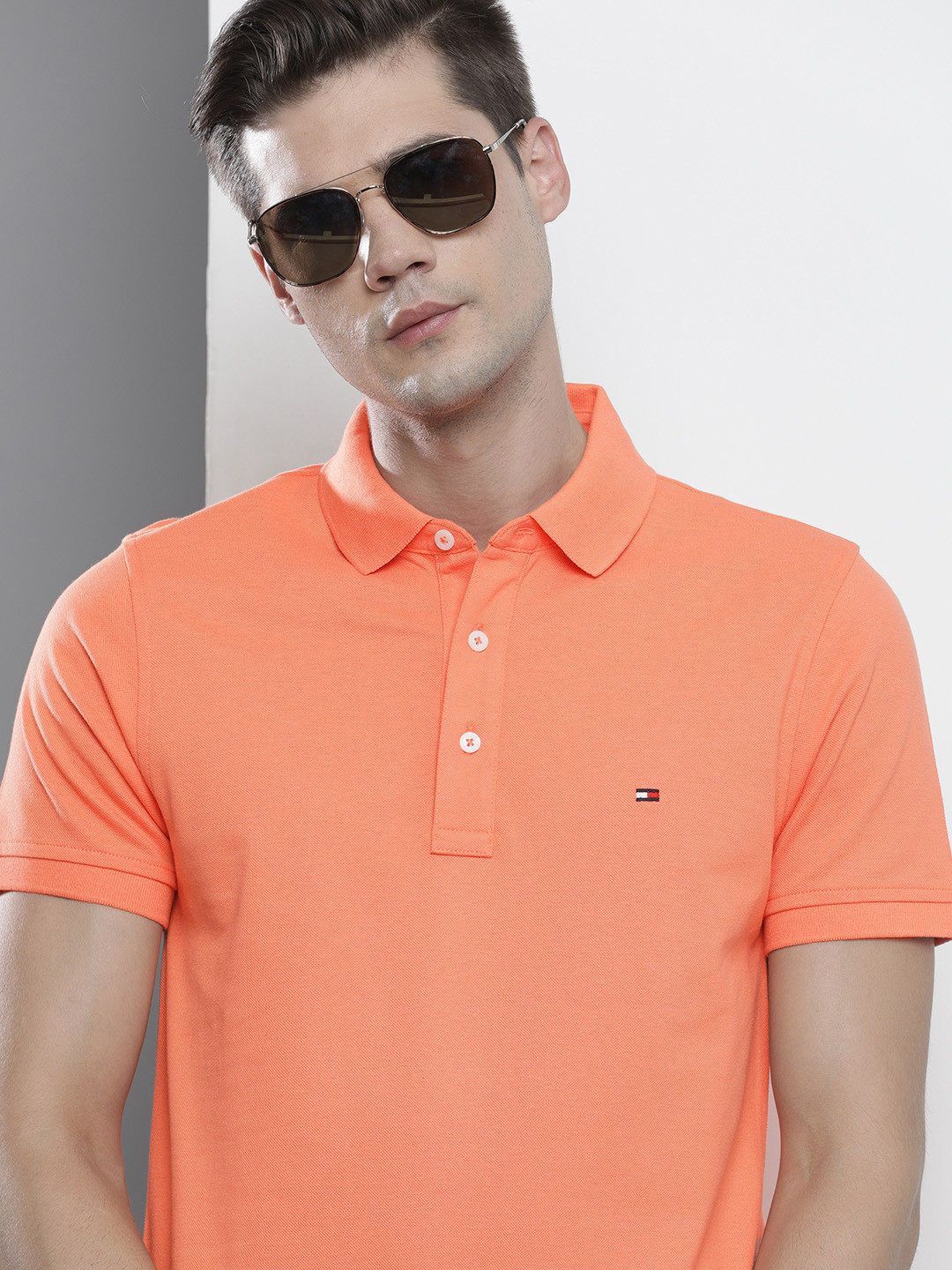 

Tommy Hilfiger Men Orange Polo Collar Slim Fit Pure Cotton T-shirt