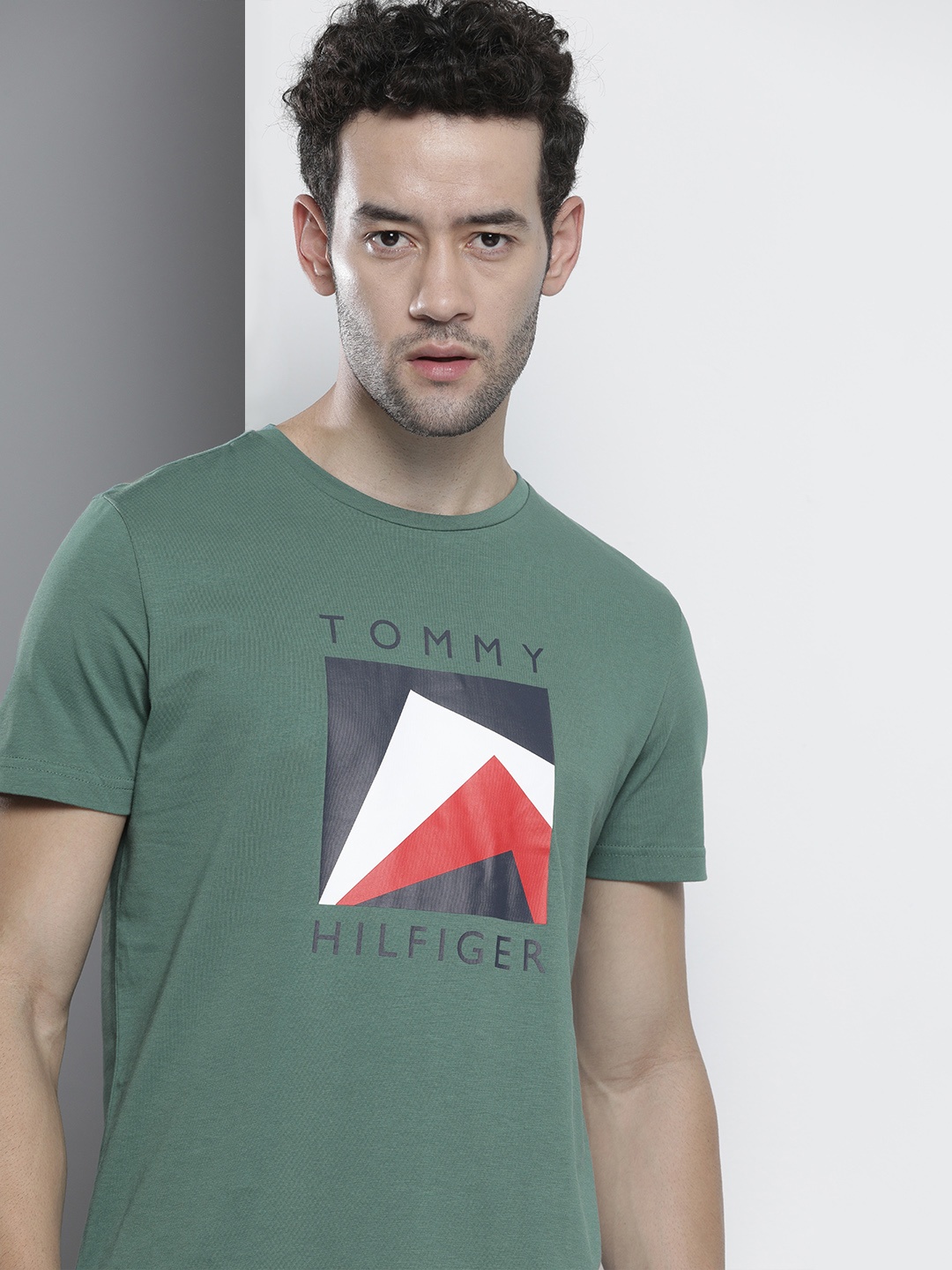 

Tommy Hilfiger Men Olive Green Cotton Brand Logo Printed T-shirt