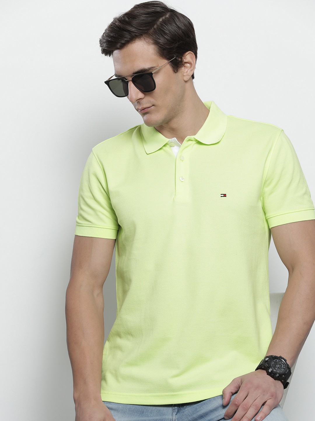 

Tommy Hilfiger Men Lime Green Solid Polo Collar T-shirt