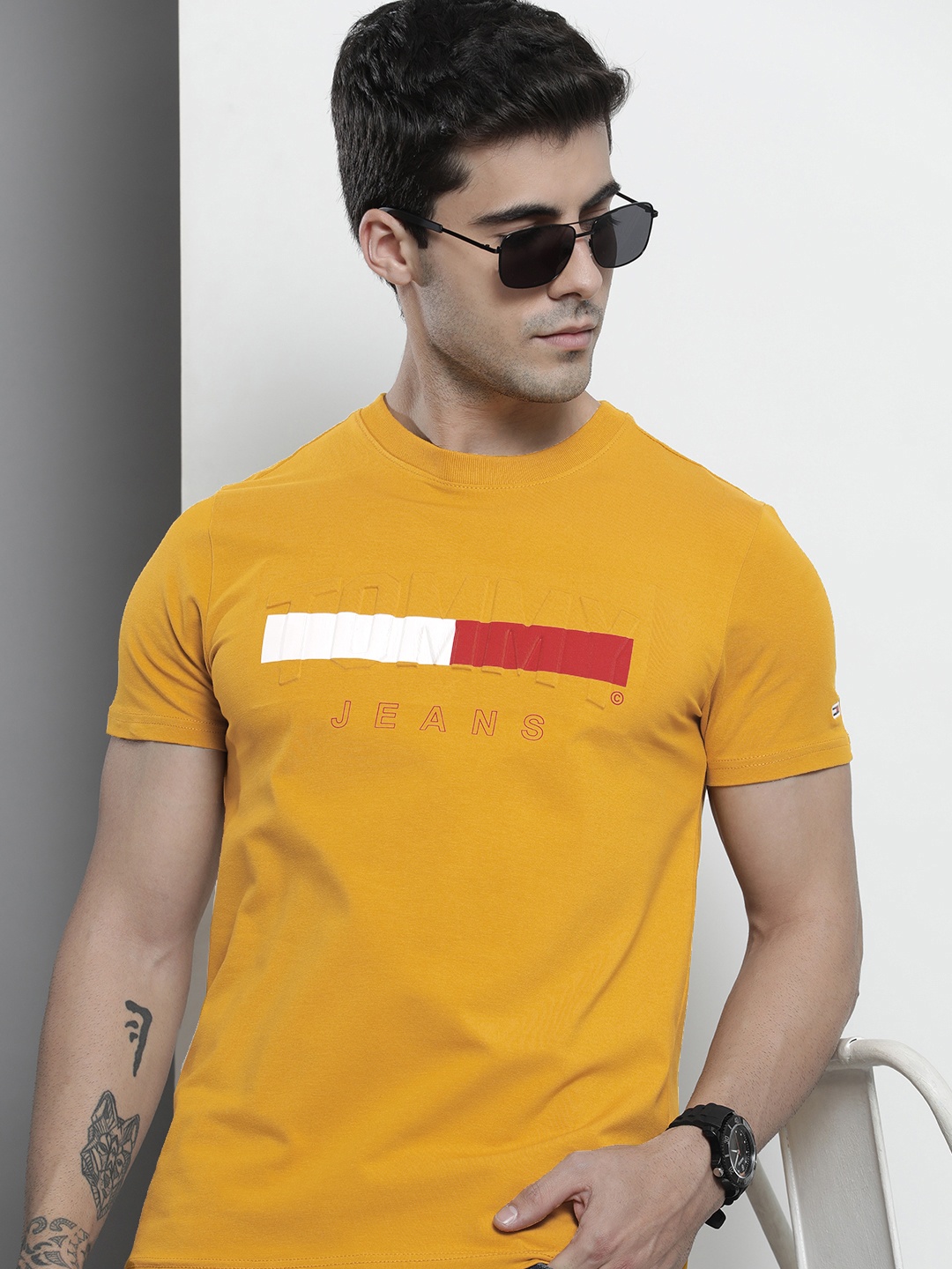 

Tommy Hilfiger Men Mustard Yellow & Red Printed Slim Fit T-shirt