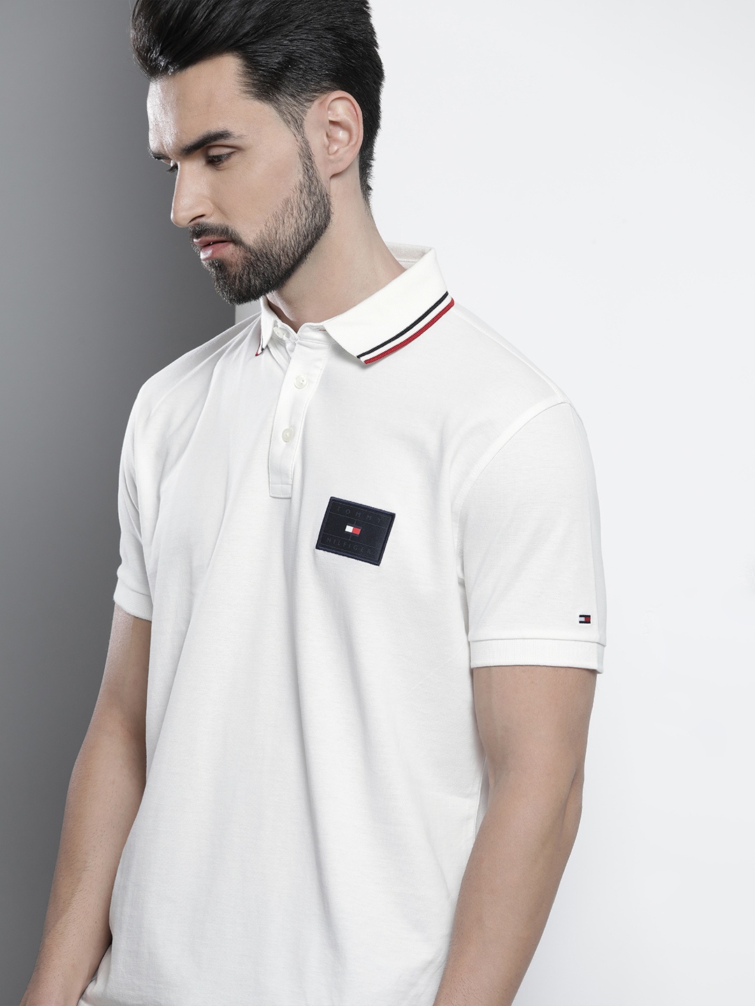 

Tommy Hilfiger Men White Embroidery Detail Polo Collar Organic Cotton T-shirt