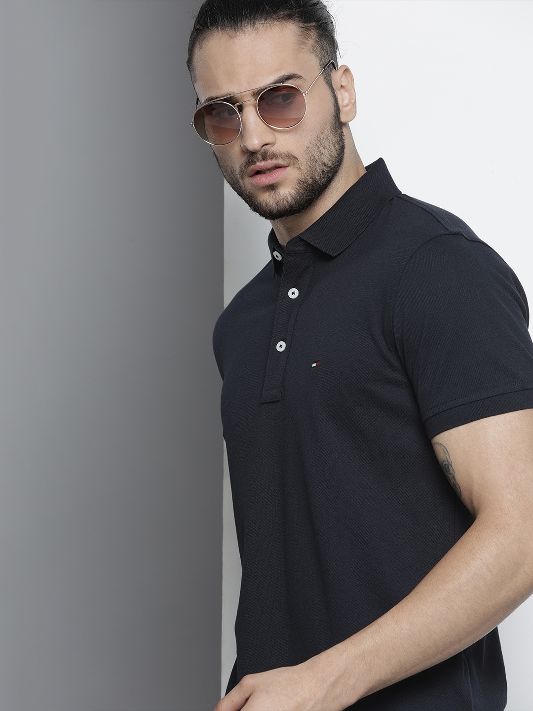 

Tommy Hilfiger Men Navy Blue Polo Collar Slim Fit Pure Cotton T-shirt
