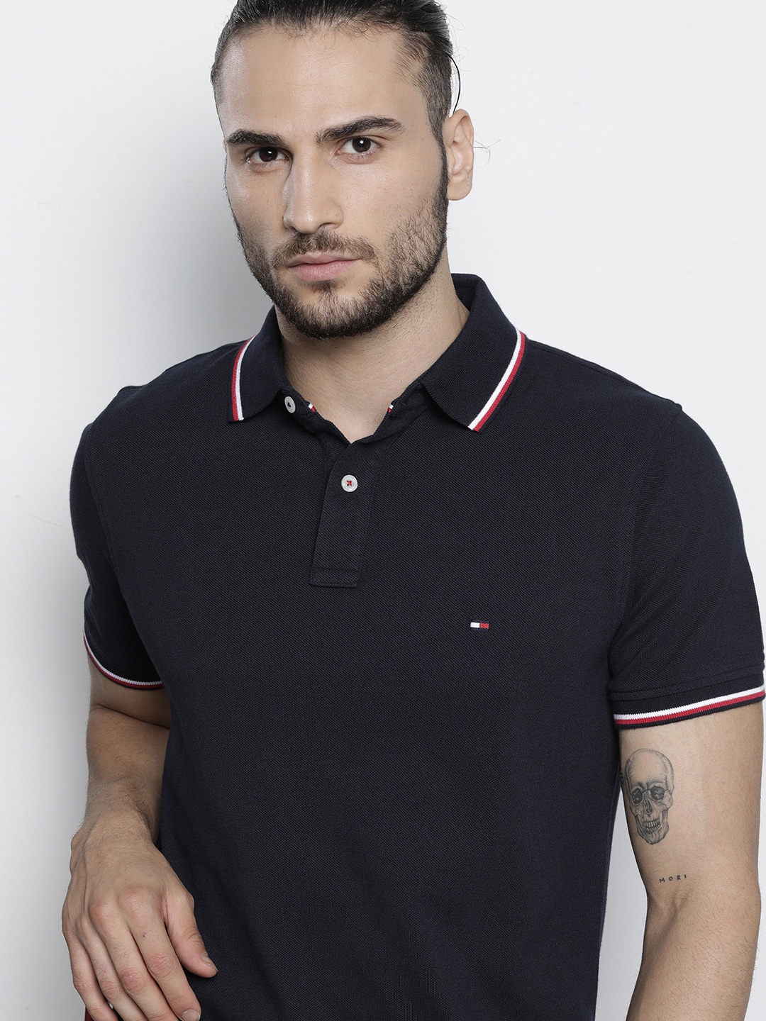 

Tommy Hilfiger Men Navy Blue Polo Collar Slim Fit Pure Cotton T-shirt