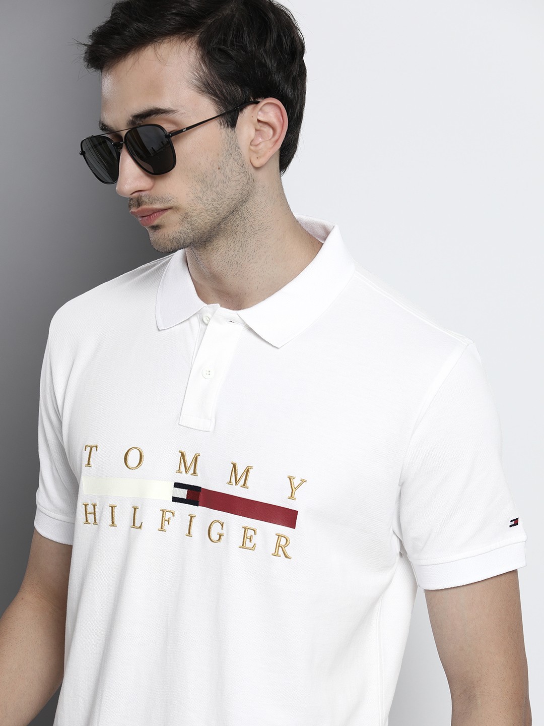 

Tommy Hilfiger Men White Brand Logo Embroidered Polo Collar Organic Cotton T-shirt
