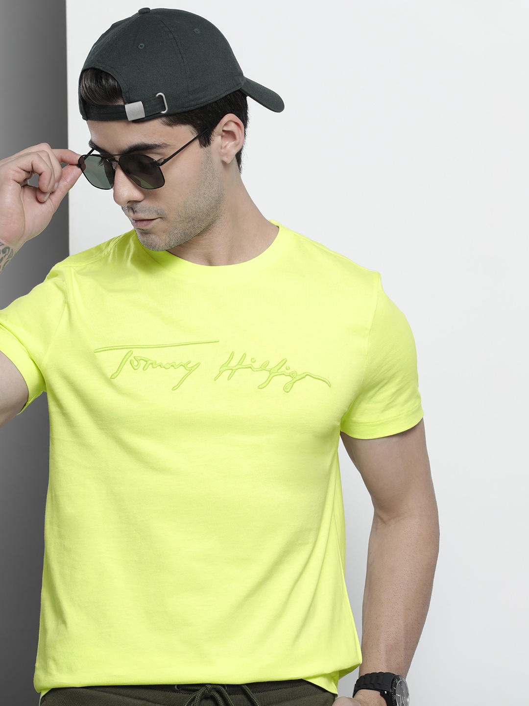 

Tommy Hilfiger Men Lime Green Brand Logo Embroidered Pure Cotton T-shirt
