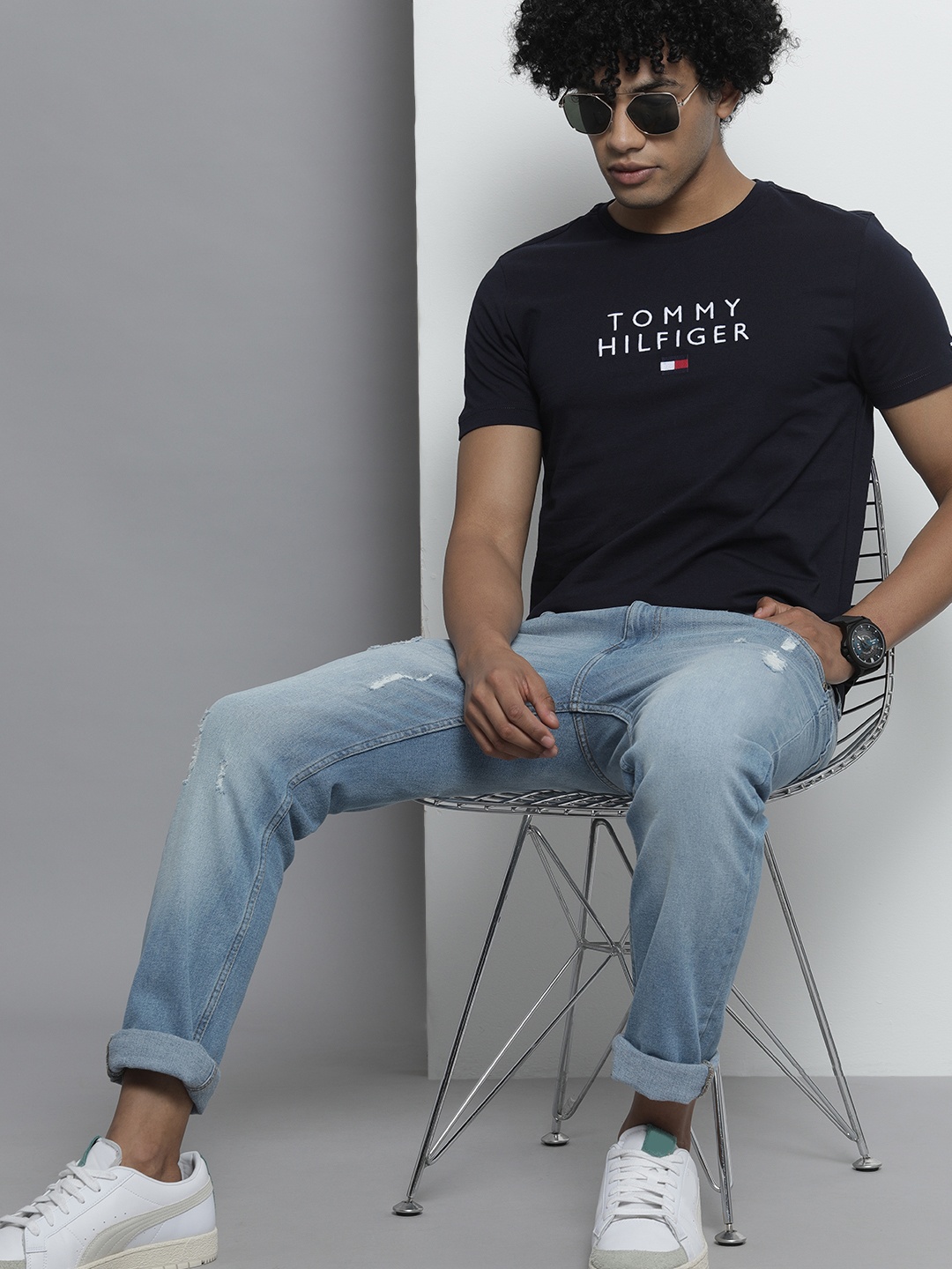 

Tommy Hilfiger Men Navy Blue White Brand Logo Printed Pure Cotton T-shirt