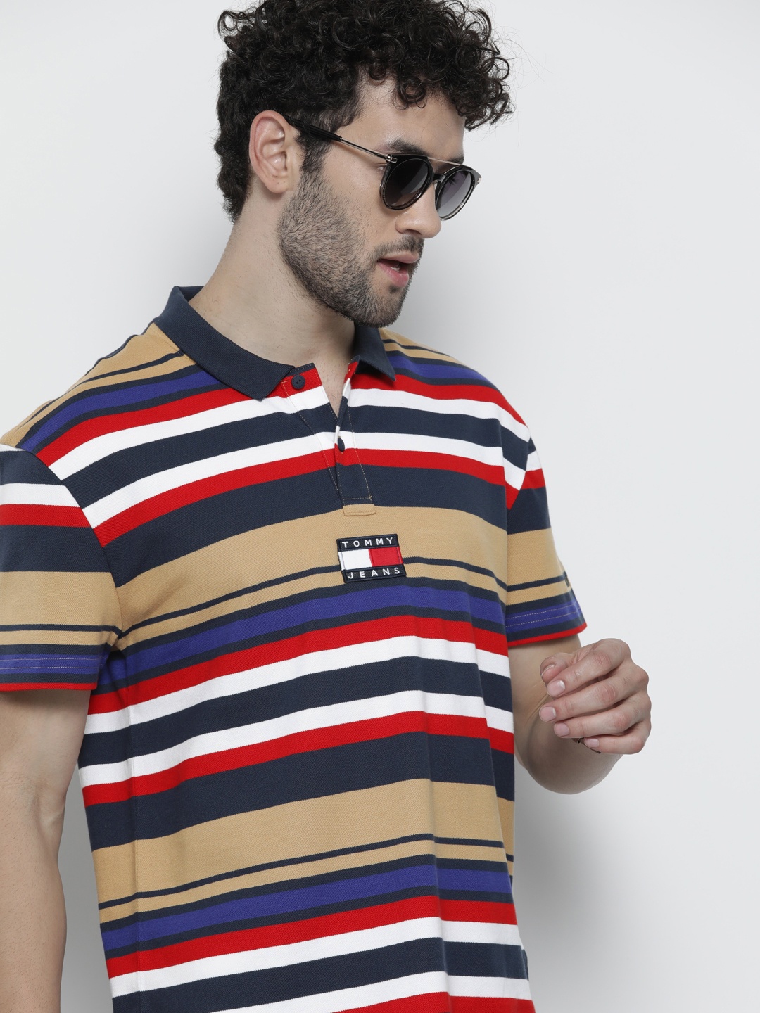 

Tommy Hilfiger Men Khaki & Red Striped Polo Collar T-shirt