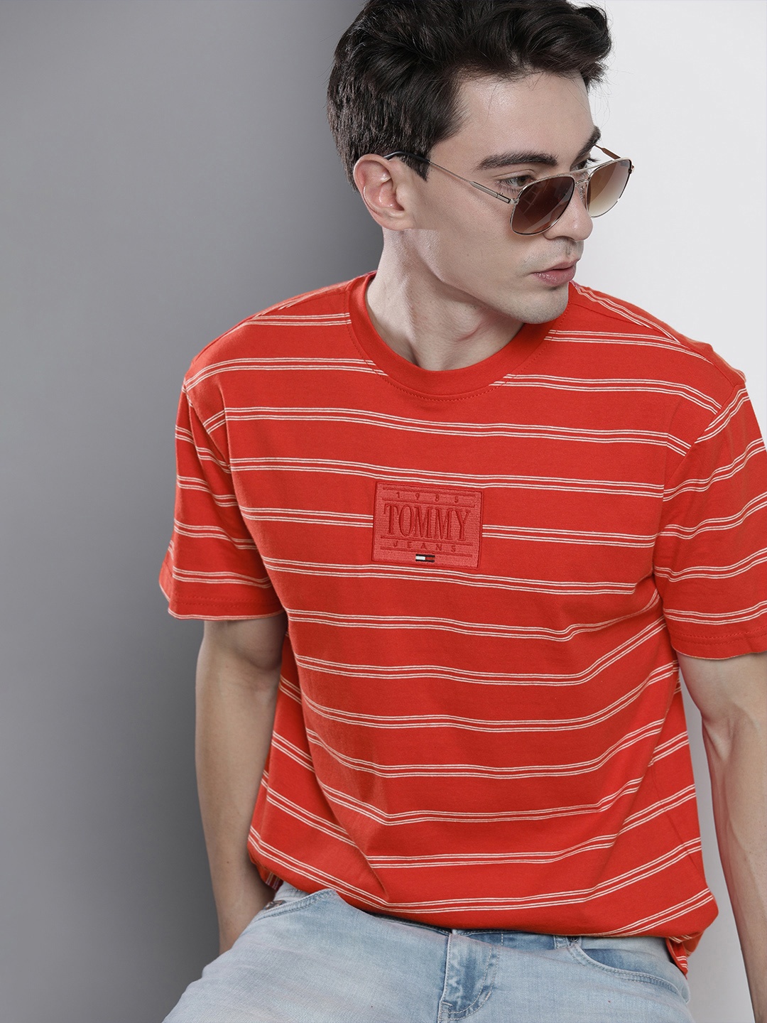 

Tommy Hilfiger Men Red White Brand Logo Embroidery Striped Pure Cotton T-shirt